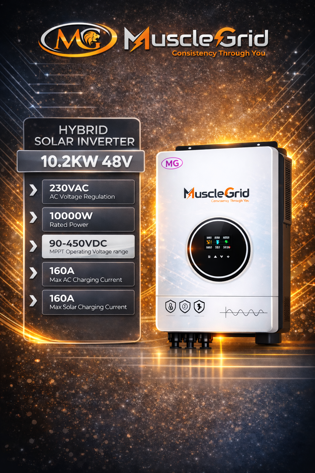 10.2KW 48V True Hybrid Solar Inverter | Heavy Duty Dual MPPT | Battery-Less Operation | Pure Sine Wave | WiFi App Monitoring | for Home & Office (2026 Model)