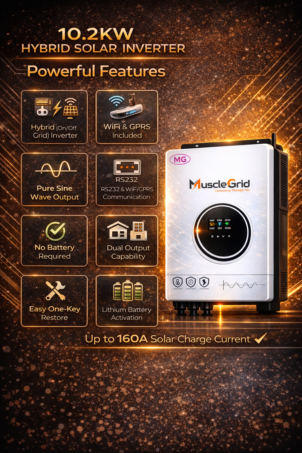 10.2KW 48V True Hybrid Solar Inverter | Heavy Duty Dual MPPT | Battery-Less Operation | Pure Sine Wave | WiFi App Monitoring | for Home & Office (2026 Model)