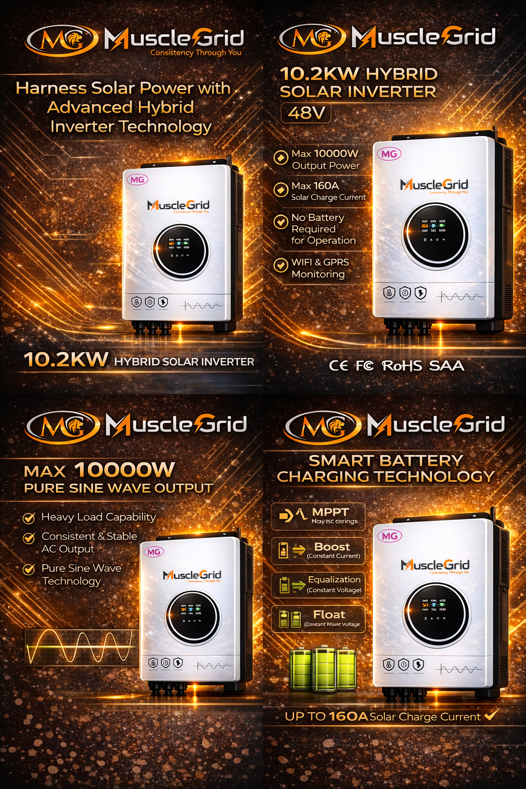 10.2KW 48V True Hybrid Solar Inverter | Heavy Duty Dual MPPT | Battery-Less Operation | Pure Sine Wave | WiFi App Monitoring | for Home & Office (2026 Model)