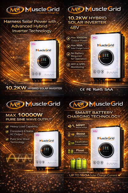 10.2KW 48V True Hybrid Solar Inverter | Heavy Duty Dual MPPT | Battery-Less Operation | Pure Sine Wave | WiFi App Monitoring | for Home & Office (2026 Model)