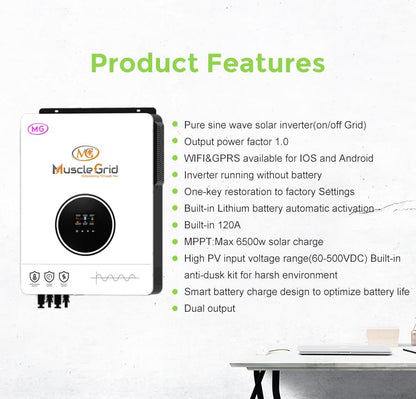 MuscleGrid 6.2 KW True Hybrid Heavy Duty MPPT Battery Less Solar (Support LiPO4 Battery) Android and iPhone Monitoring 48V Pure Sine Wave Inverter