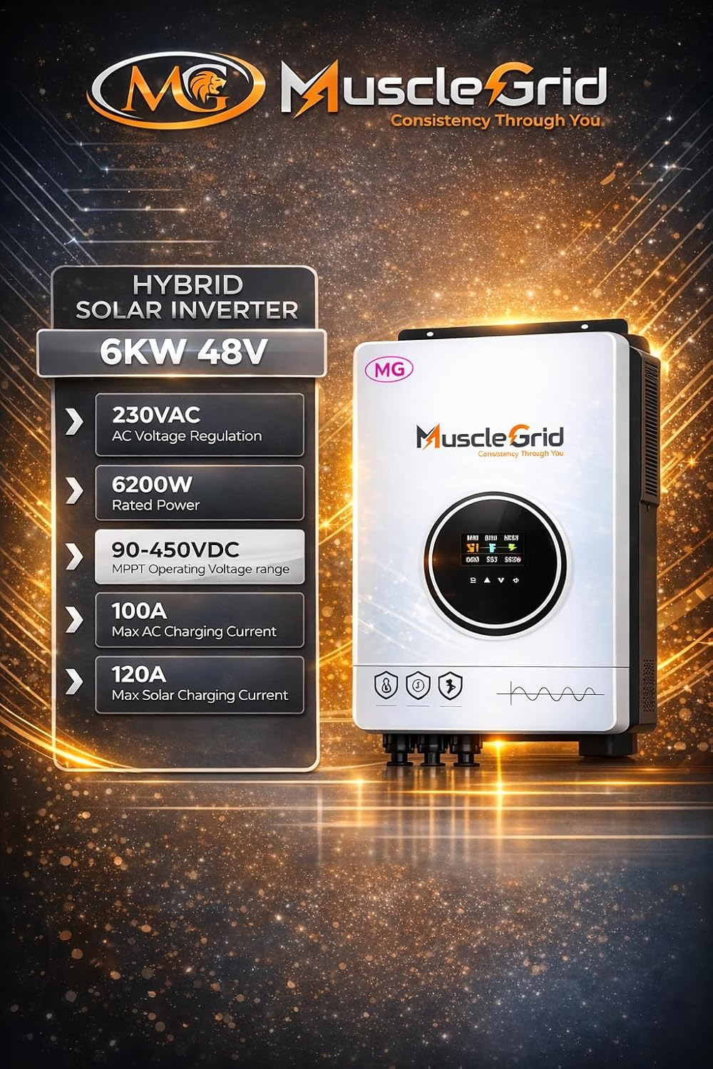 6.2 kW True Hybrid Solar Inverter • True MPPT • Pure Sine Wave • LCD Display • Wall Mount • (2026 Model)
