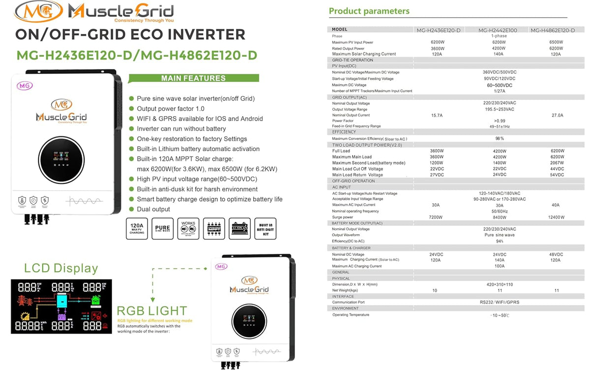 MuscleGrid 6.2 KW True Hybrid Heavy Duty MPPT Battery Less Solar (Support LiPO4 Battery) Android and iPhone Monitoring 48V Pure Sine Wave Inverter