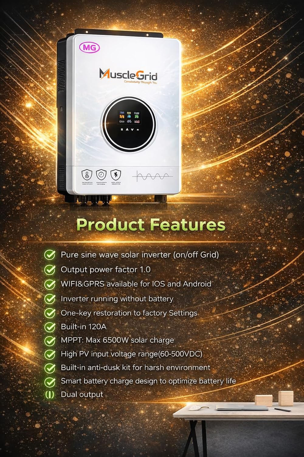 6.2 kW True Hybrid Solar Inverter • True MPPT • Pure Sine Wave • LCD Display • Wall Mount • (2026 Model)
