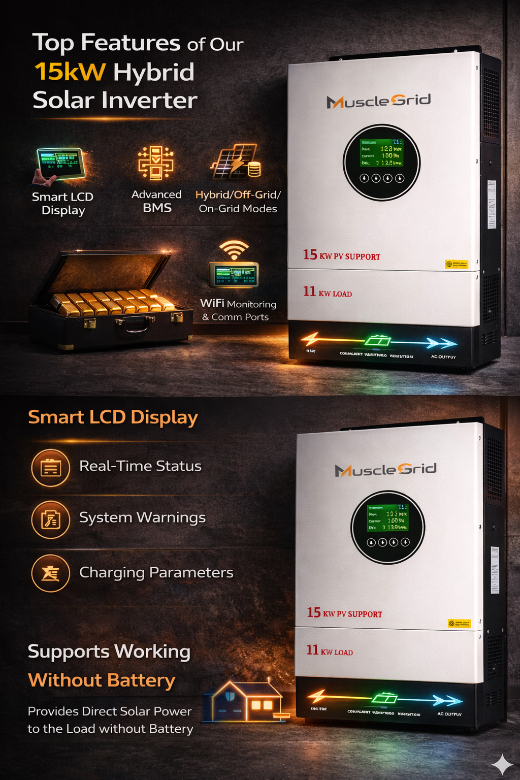 10.2KW 48V True Hybrid Solar Inverter | Heavy Duty Dual MPPT | Battery-Less Operation | Pure Sine Wave | WiFi App Monitoring | for Home & Office (2026 Model)