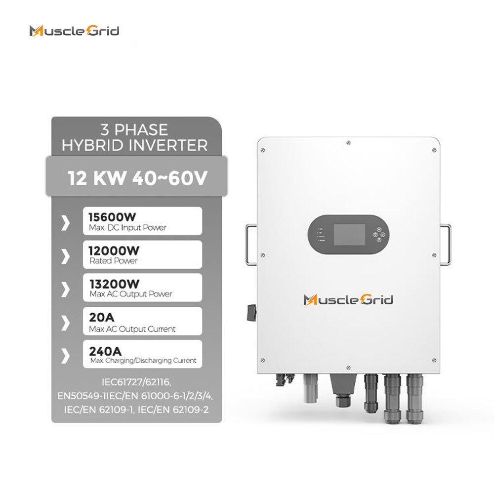 MuscleGrid Pure Sine Wave IP65 12KW Low Voltage 3 Phase Hybrid Solar Inverter With WiFi and MPPT Solar Charge Controller