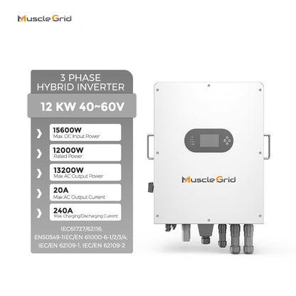 MuscleGrid Pure Sine Wave IP65 12KW Low Voltage 3 Phase Hybrid Solar Inverter With WiFi and MPPT Solar Charge Controller